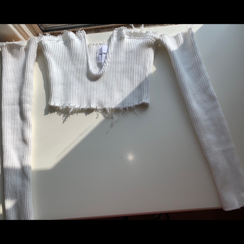 Distressed cropped off the shoulder long sleeve